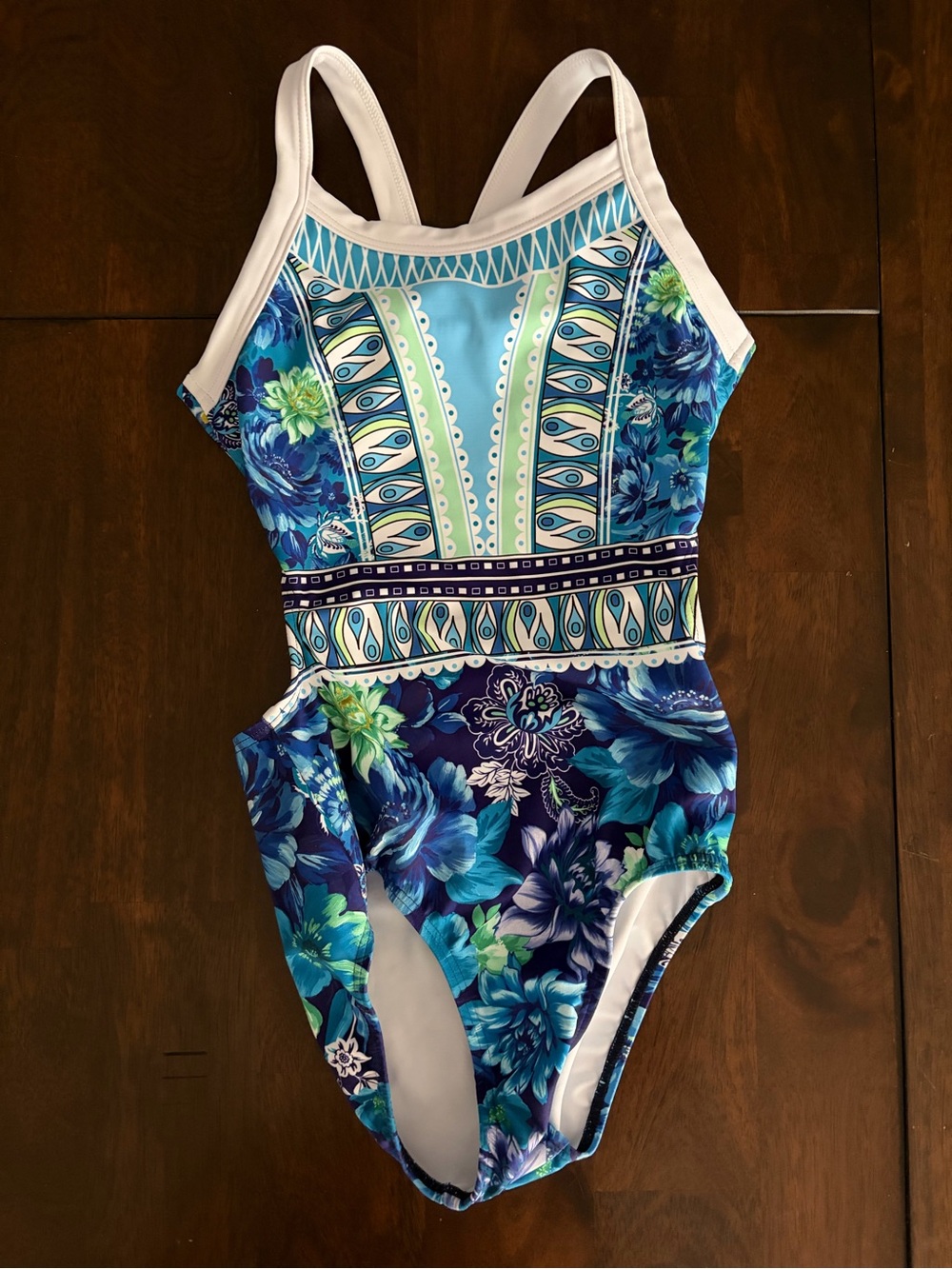 Sylvia P Girls' Floral Blue Leotard - White Trim